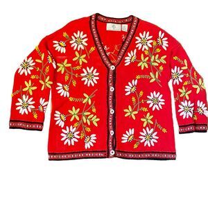 Design Options Philip Jane Gordon Sweater Red W Flowers VTG Women's Sz M Ribbons
